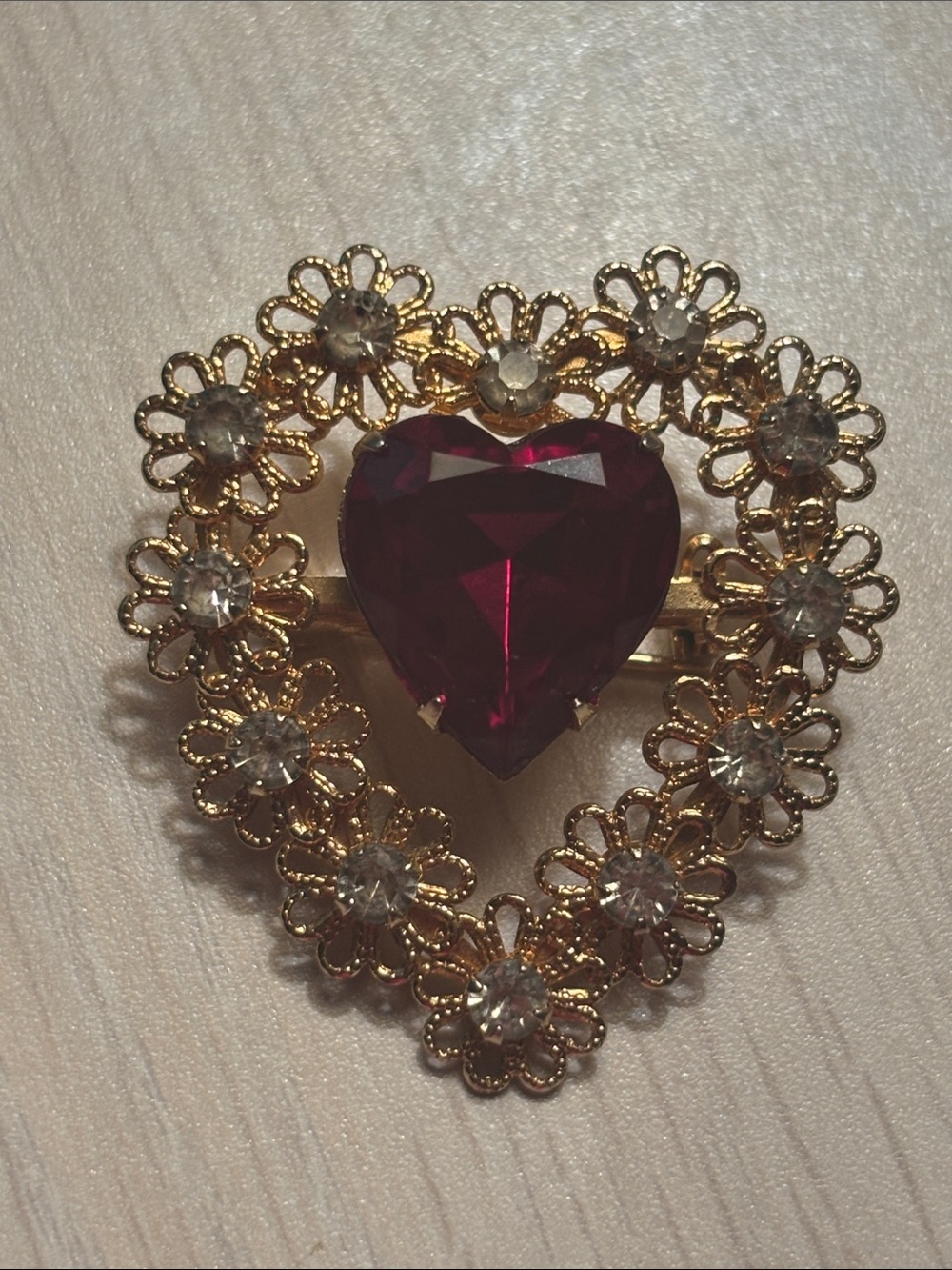 Gold Floral Heart Brooch with Ruby Red Glass Heart